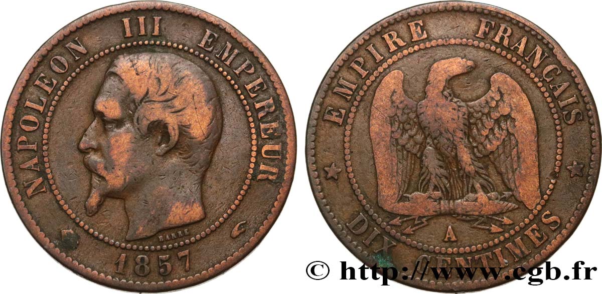 Dix centimes Napoléon III, tête nue 1857 Paris F.133/41 TB15 