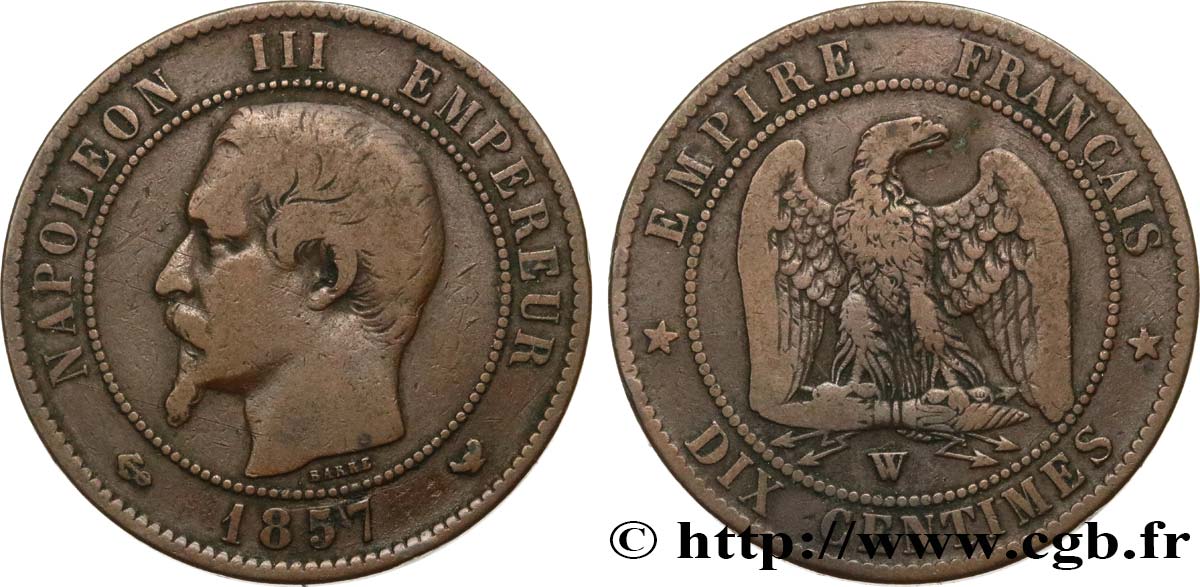 Dix centimes Napoléon III, tête nue 1857 Lille F.133/46 F15 