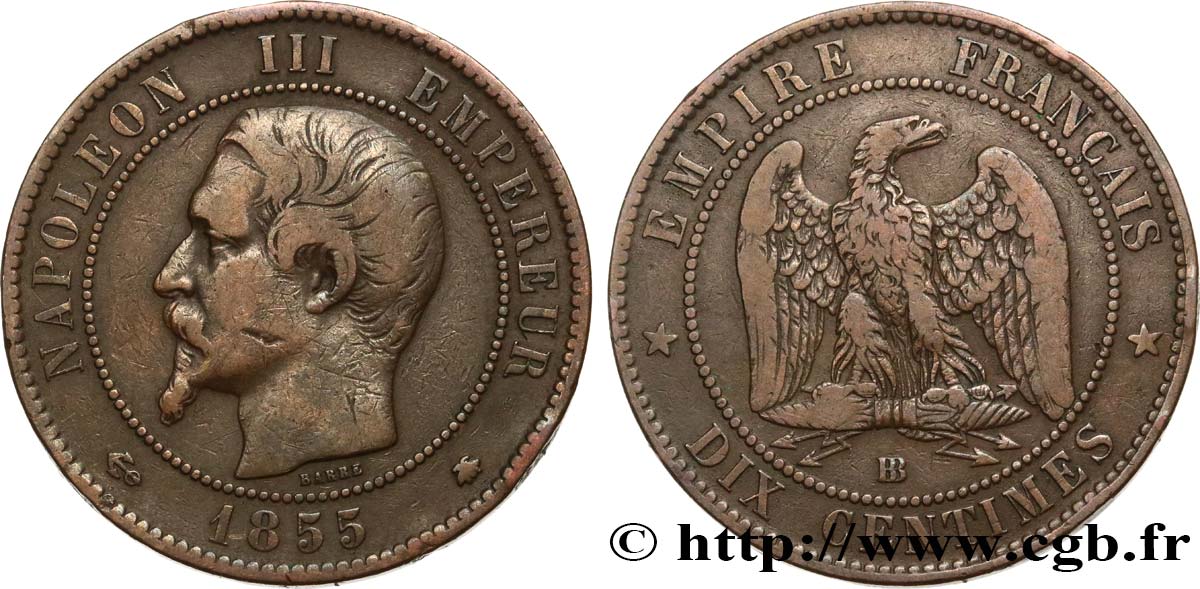 Dix centimes Napoléon III, tête nue, différent ancre 1855 Strasbourg F.133/24 TB 