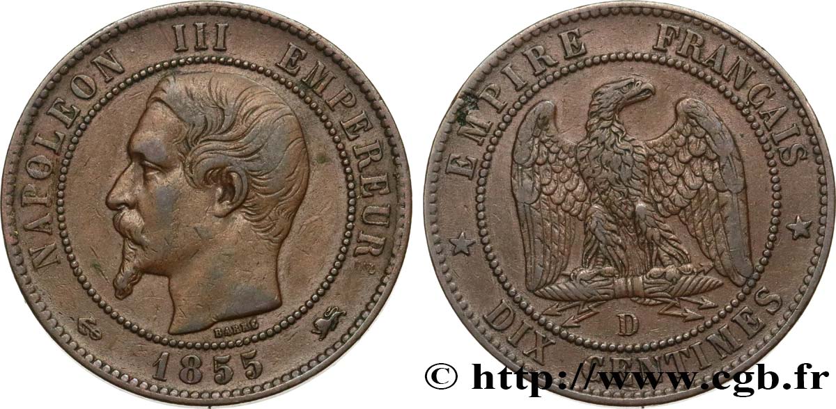Dix centimes Napoléon III, tête nue 1855 Lyon F.133/26 BB40 