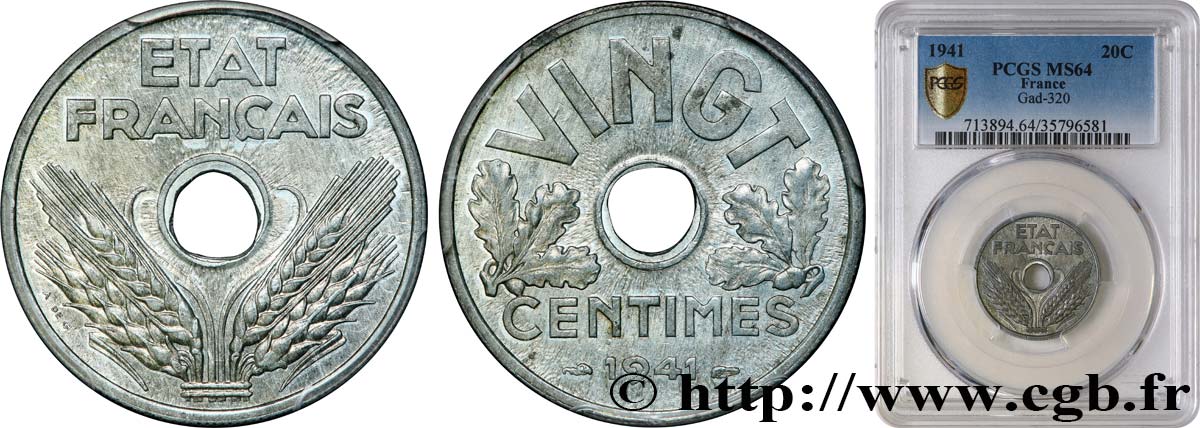 VINGT centimes État français 1941  F.152/2 SPL64 PCGS