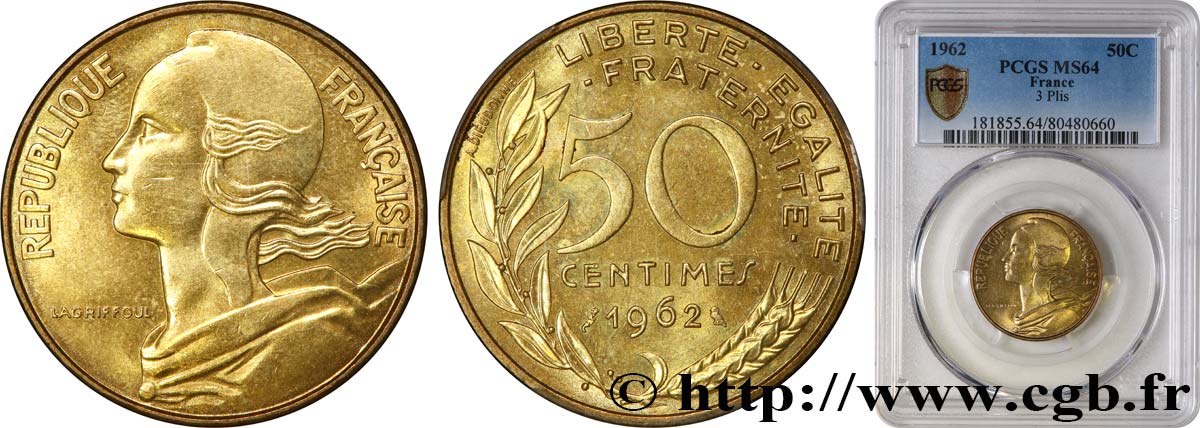 50 centimes Marianne, col à trois plis 1962 Paris F.197/2 fST64 PCGS