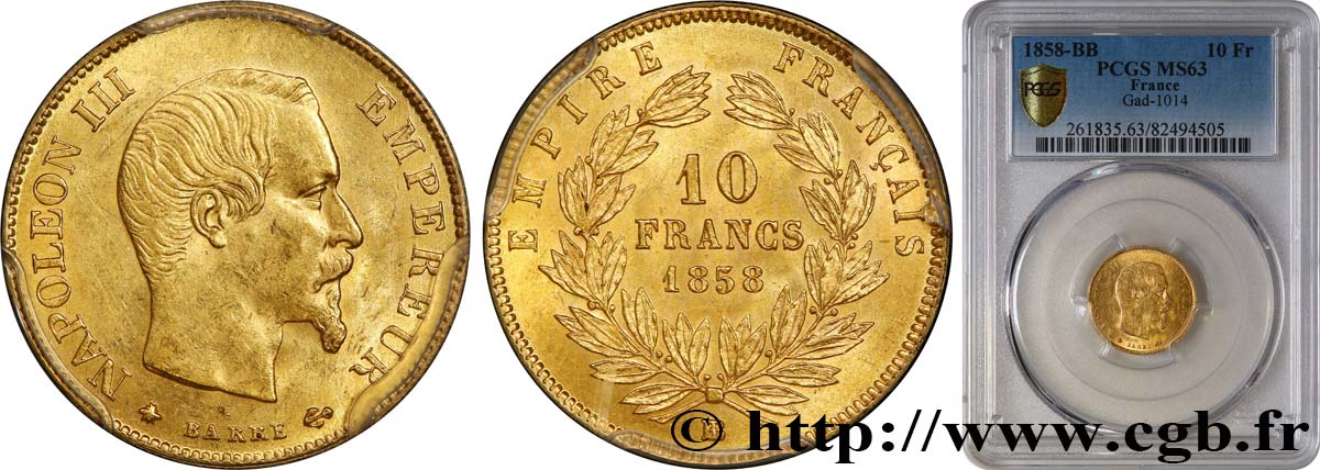 10 francs or Napoléon III, tête nue, grand module 1858 Strasbourg F.506/6 fST63 PCGS