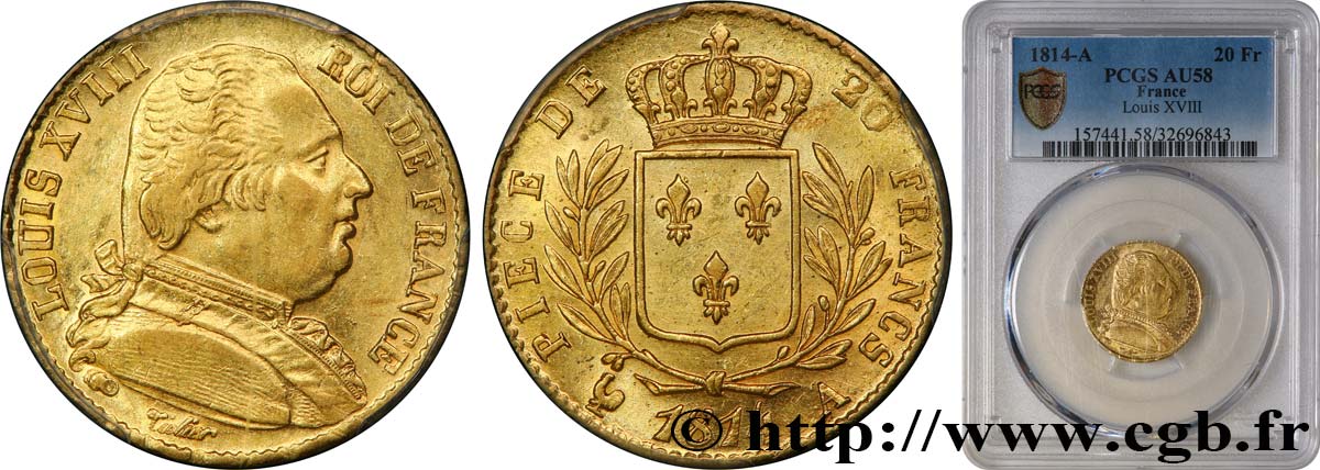 20 francs or Louis XVIII, buste habillé 1814 Paris F.517/2 SUP58 PCGS