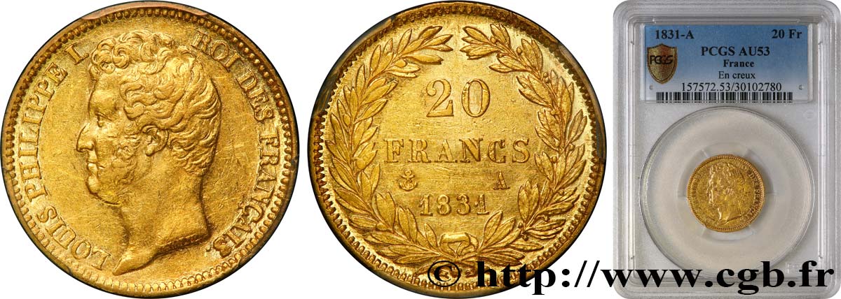 20 francs or Louis-Philippe, Tiolier, tranche inscrite en creux 1831 Paris F.524/2 SS53 PCGS