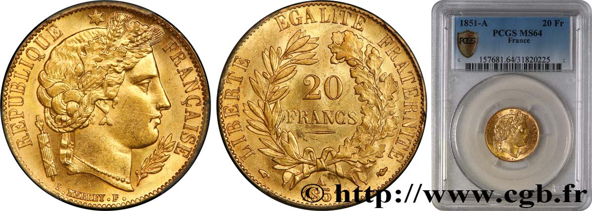 20 francs or Cérès 1851 Paris F.529/4 MS64 PCGS