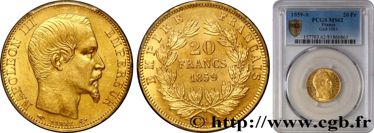 20 francs or Napoléon III, tête nue 1859 Paris F.531/15 MS62 PCGS