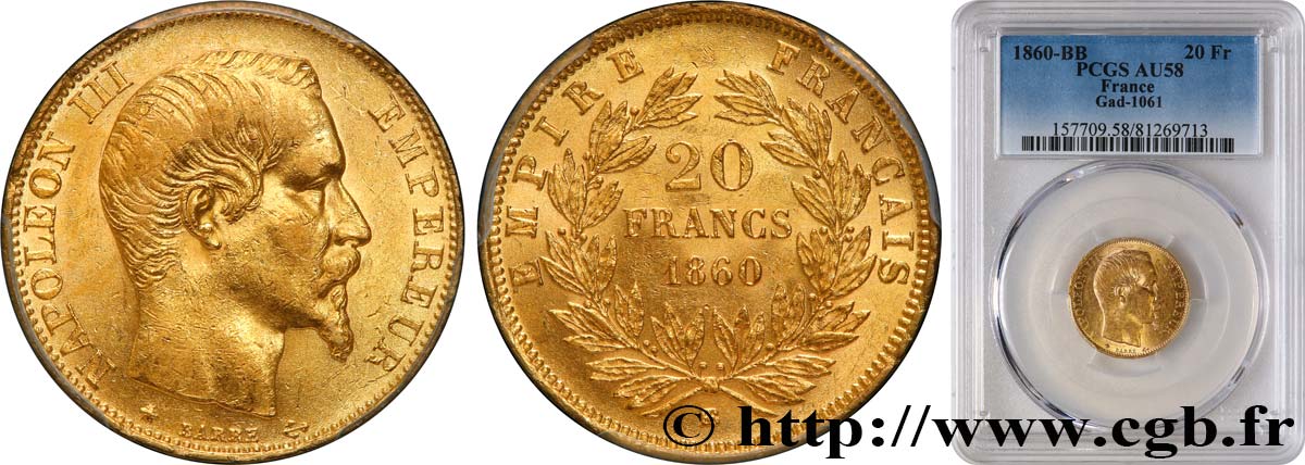 20 francs or Napoléon III, tête nue 1860 Strasbourg F.531/20 SPL58 PCGS