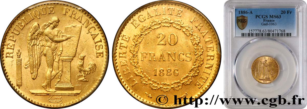 20 francs or Génie, IIIe République 1886 Paris F.533/9 fST63 PCGS