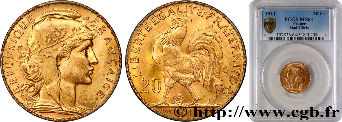 20 francs or Coq, Liberté Égalité Fraternité 1911 Paris F.535/5 MS64 PCGS