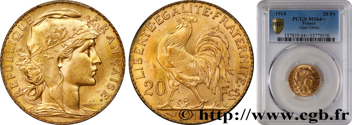 20 francs or Coq, Liberté Égalité Fraternité 1914 Paris F.535/8 MS64 PCGS