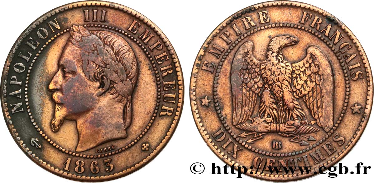 Dix centimes Napoléon III, tête laurée 1863 Strasbourg F.134/11 TB 