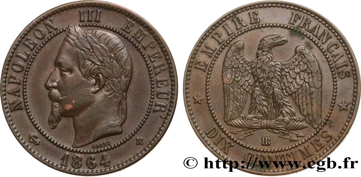 Dix centimes Napoléon III, tête laurée 1864 Strasbourg F.134/14 TTB45 