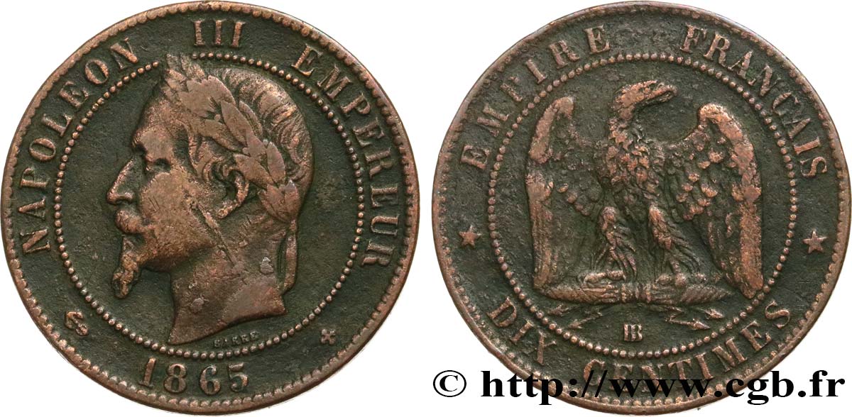 Dix Centimes Napoléon tête laurée 1865 Strasbourg F.134/17 VF 