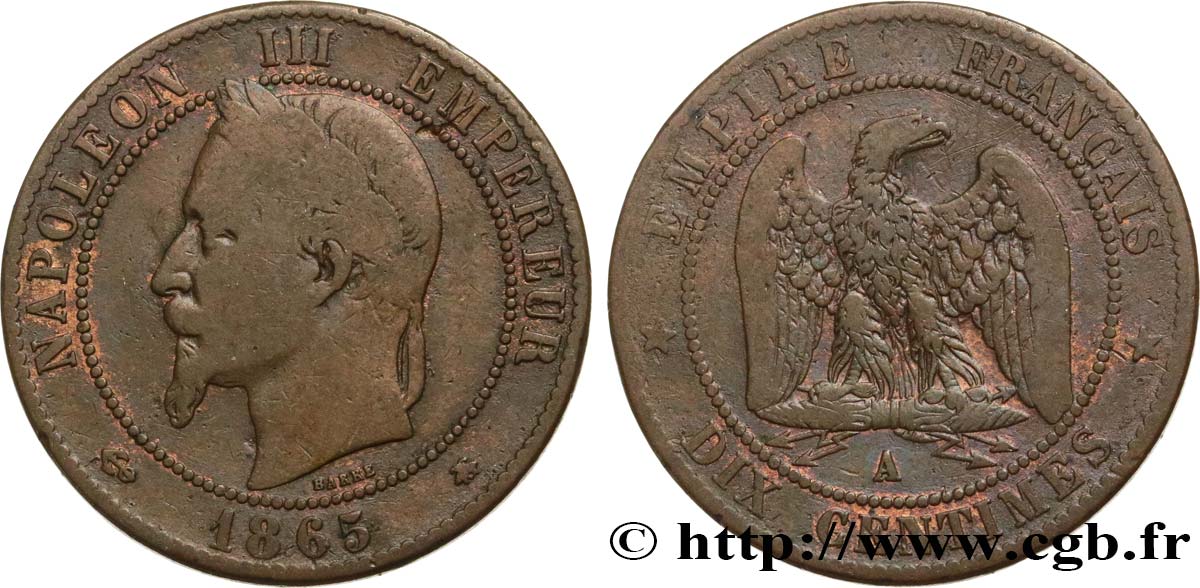 Dix centimes Napoléon III, tête laurée 1865 Paris F.134/16 S15 
