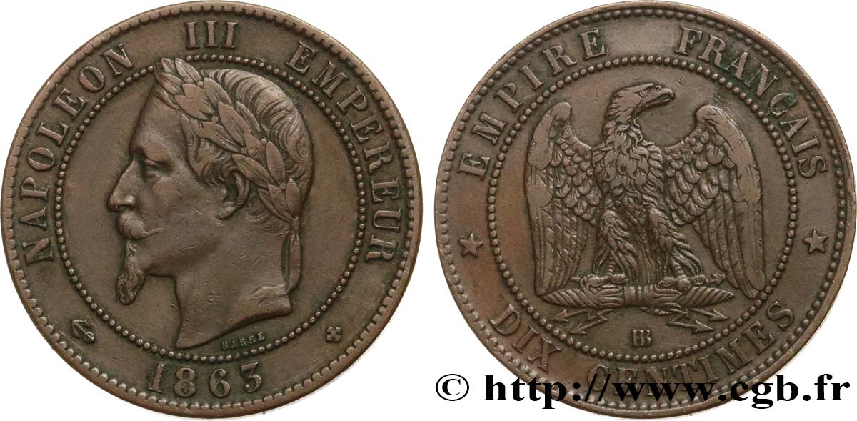 Dix centimes Napoléon III, tête laurée 1863 Strasbourg F.134/11 TTB40 