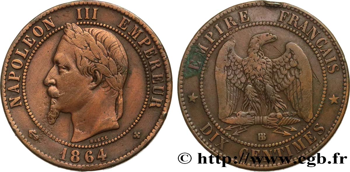Dix centimes Napoléon III, tête laurée 1864 Strasbourg F.134/14 TB 
