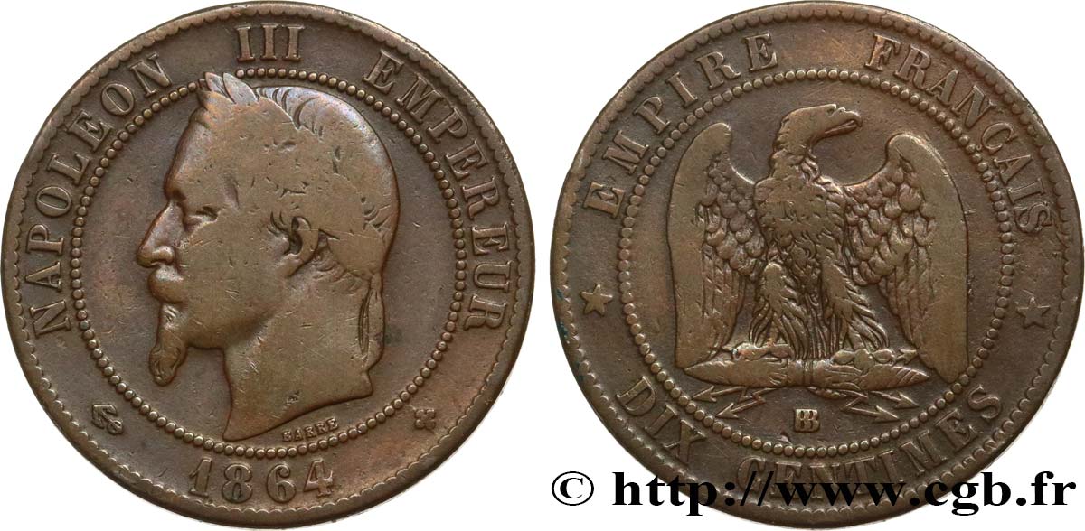 Dix centimes Napoléon III, tête laurée 1864 Strasbourg F.134/14 MB15 
