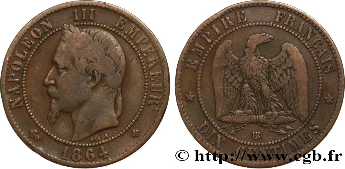Dix centimes Napoléon III, tête laurée 1864 Strasbourg F.134/14 VF20 