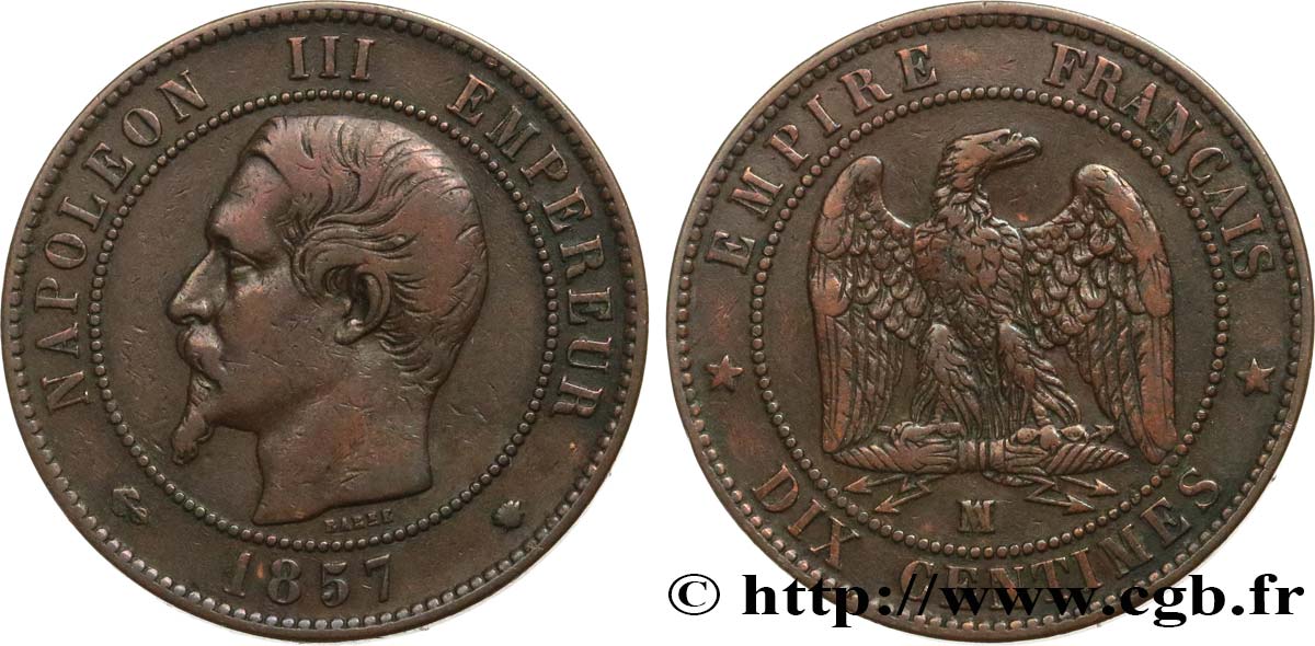 Dix centimes Napoléon III, tête nue 1857 Marseille F.133/45 MBC40 