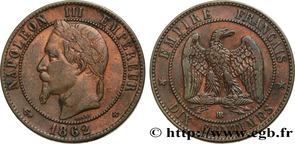 Dix centimes Napoléon III, tête laurée 1862 Strasbourg F.134/8 TB35 