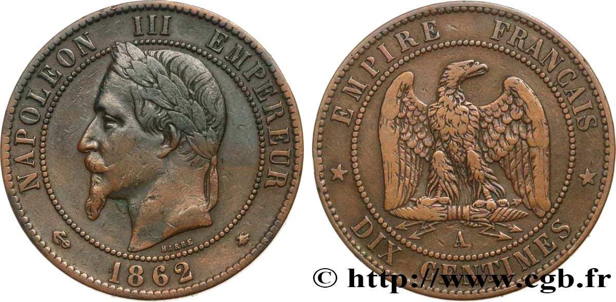 Dix centimes Napoléon III, tête laurée 1862 Paris F.134/7 VF35 