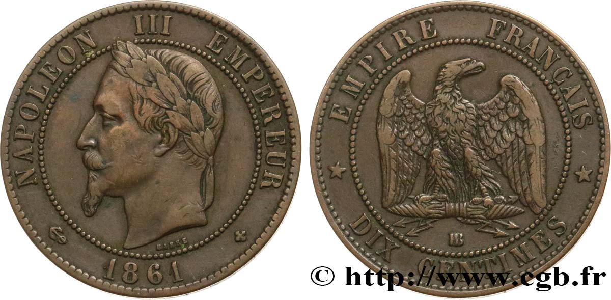Dix centimes Napoléon III, tête laurée 1861 Strasbourg F.134/5 XF40 