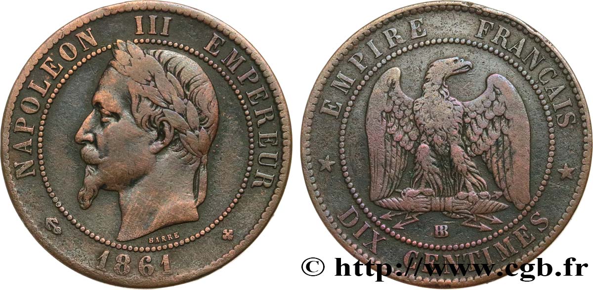 Dix centimes Napoléon III, tête laurée 1861 Strasbourg F.134/5 TB 