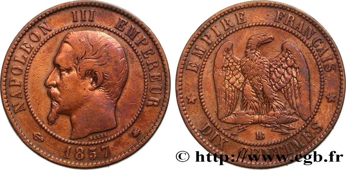 Dix centimes Napoléon III, tête nue 1857 Strasbourg F.133/43 TB 