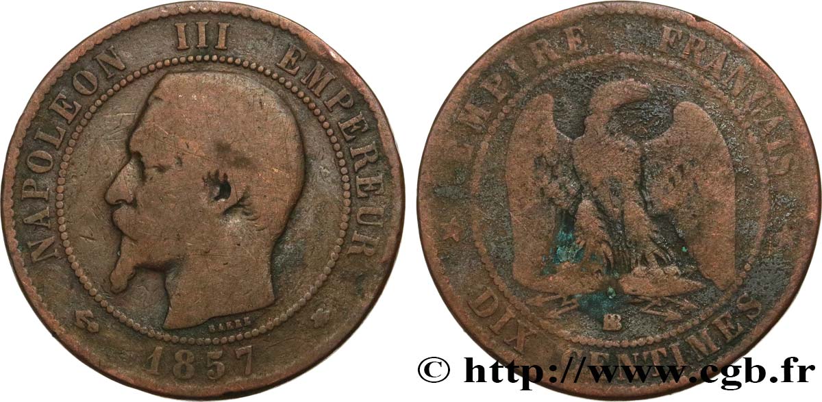 Dix centimes Napoléon III, tête nue 1857 Strasbourg F.133/43 B 