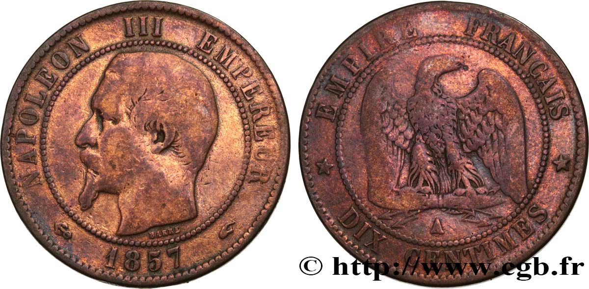 Dix centimes Napoléon III, tête nue 1857 Paris F.133/41 F 