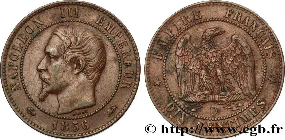 Dix centimes Napoléon III, tête nue 1856 Lyon F.133/37 TTB45 
