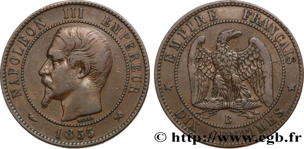Dix centimes Napoléon III, tête nue 1855 Rouen F.133/21 BC30 