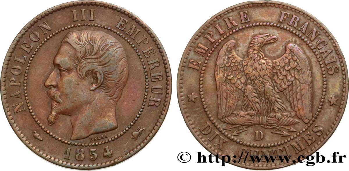 Dix centimes Napoléon III, tête nue 1854 Lyon F.133/15 MBC40 