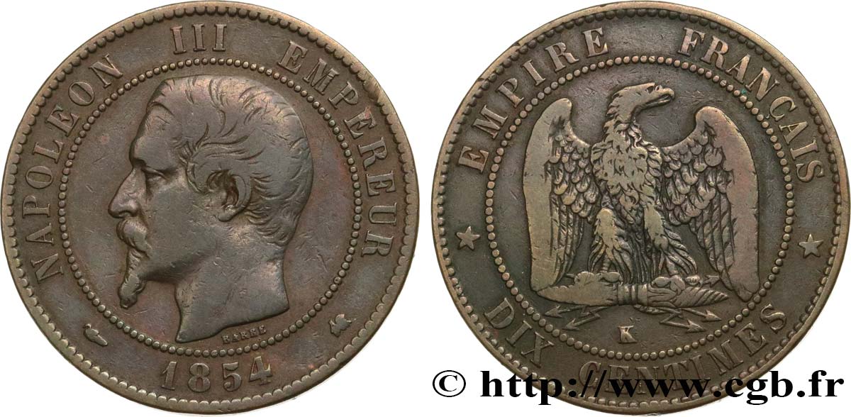 Dix centimes Napoléon III, tête nue 1854 Bordeaux F.133/16 BC20 