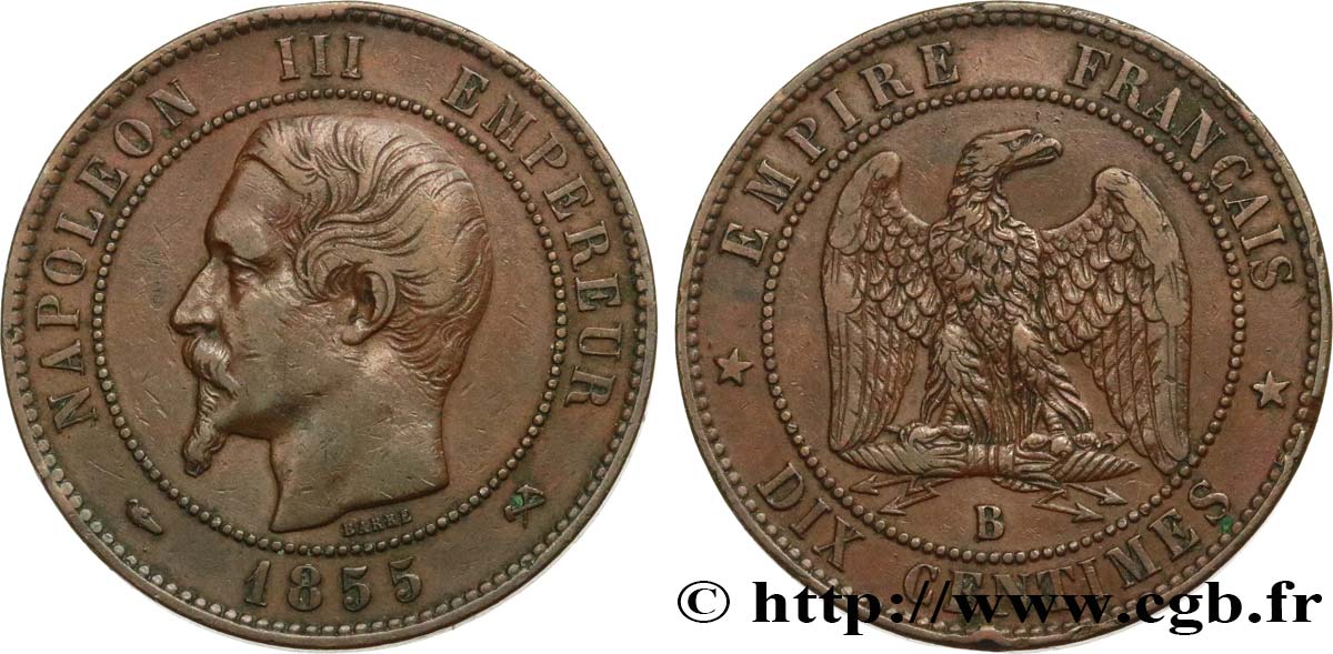 Dix centimes Napoléon III, tête nue 1855 Rouen F.133/21 TTB40 