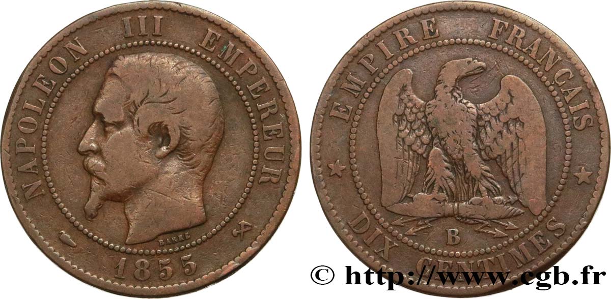 Dix centimes Napoléon III, tête nue 1855 Rouen F.133/21 TB15 