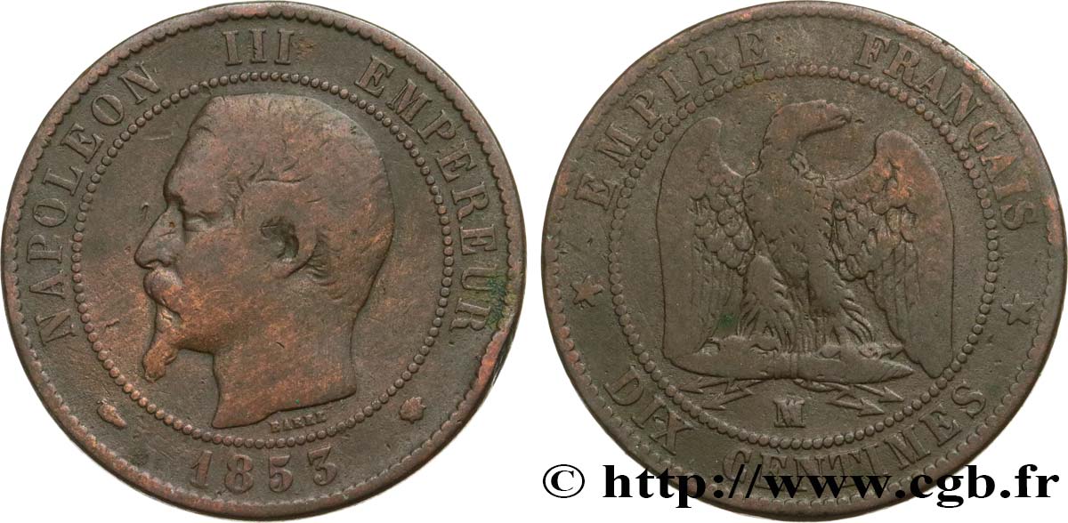 Dix Centimes Napoléon III tête nue 1853 Marseille F.133/8 F12 