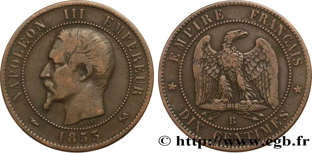 Dix centimes Napoléon III, tête nue 1853 Rouen F.133/3 BC30 