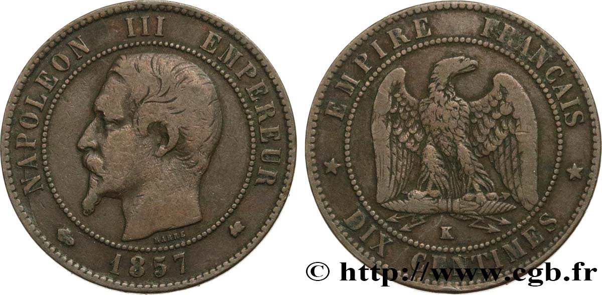 Dix centimes Napoléon III, tête nue 1857 Bordeaux F.133/44 TB25 
