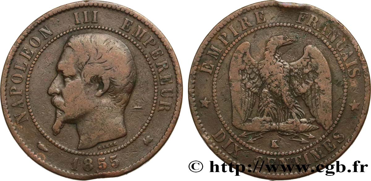 Dix centimes Napoléon III, tête nue 1855 Bordeaux F.133/27 BC15 