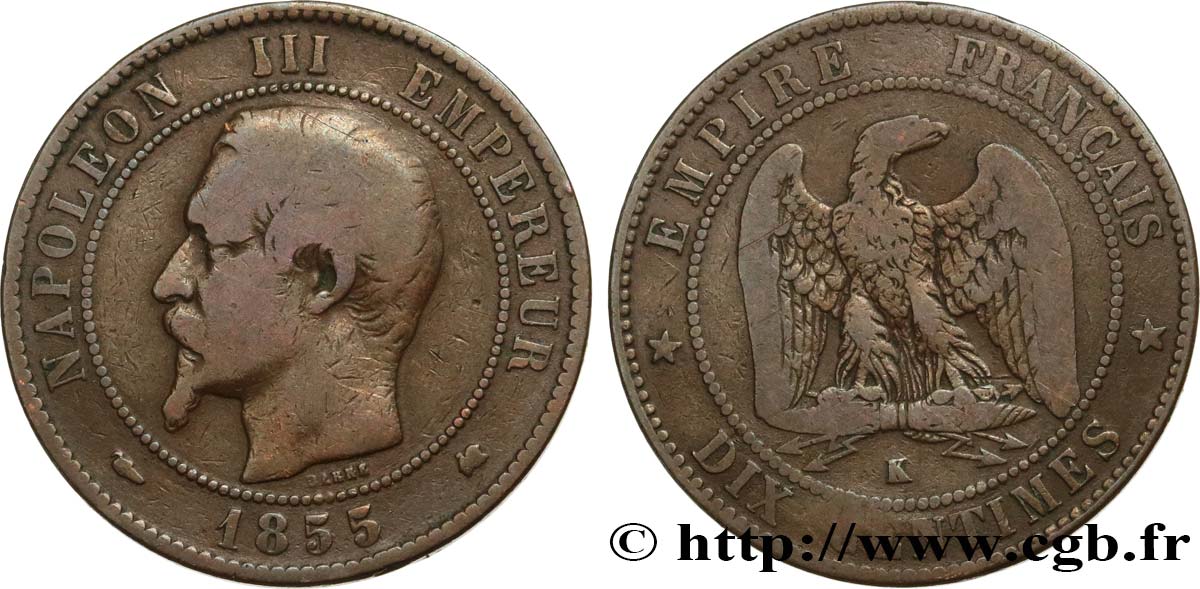 Dix centimes Napoléon III, tête nue 1855 Bordeaux F.133/27 TB 