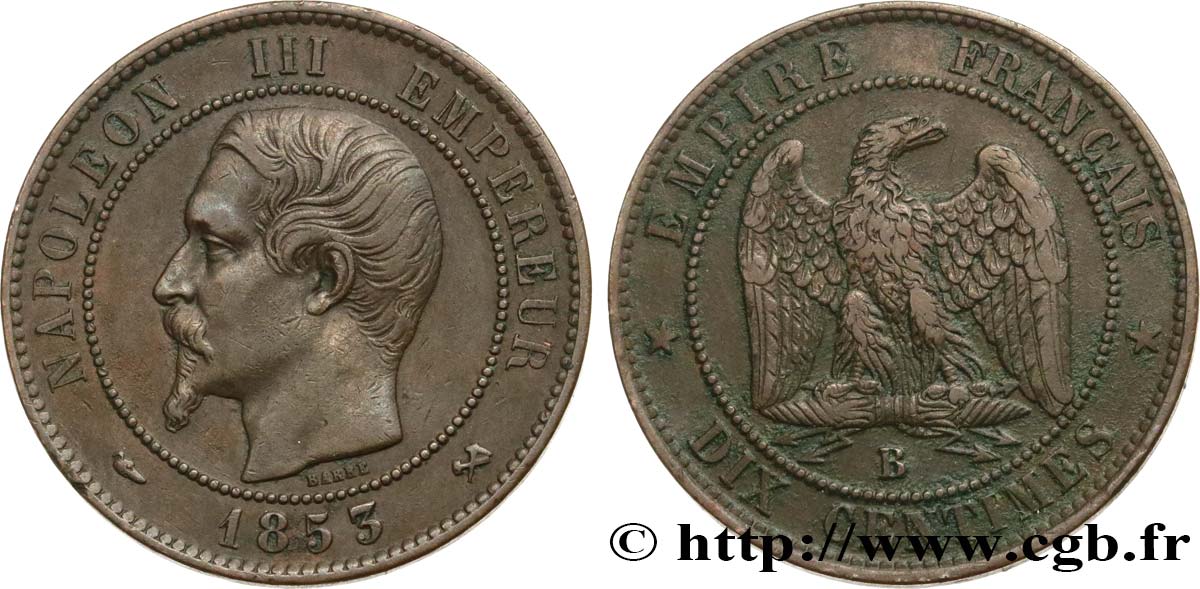 Dix centimes Napoléon III, tête nue 1853 Rouen F.133/3 SS45 