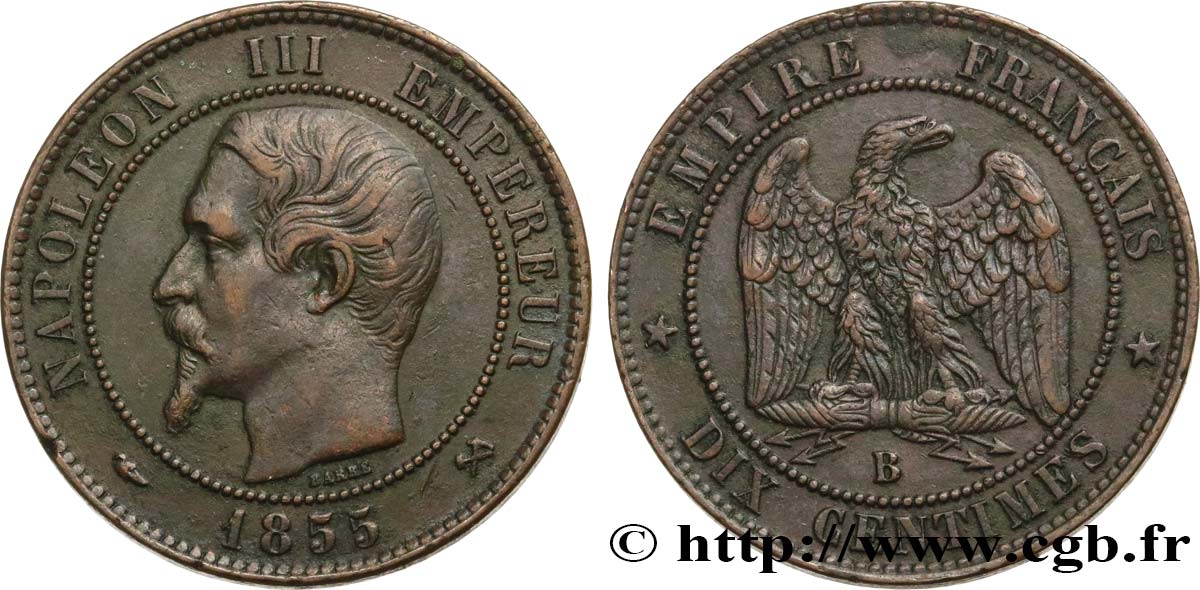 Dix centimes Napoléon III, tête nue 1855 Rouen F.133/21 XF45 