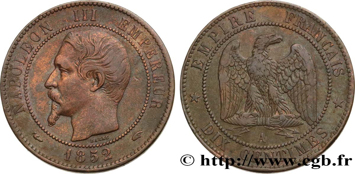 Dix centimes Napoléon III, tête nue 1852 Paris F.133/1 TTB40 