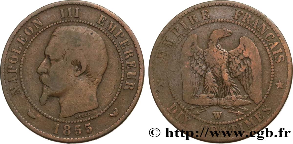 Dix centimes Napoléon III, tête nue 1855 Lille F.133/32 TB15 
