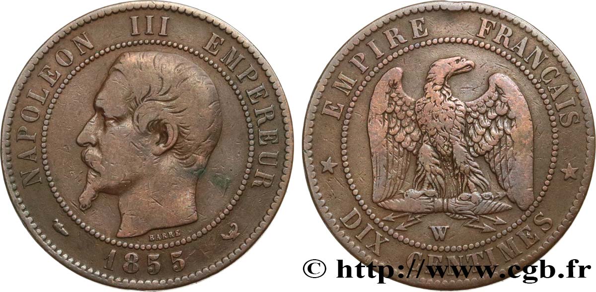 Dix centimes Napoléon III, tête nue 1855 Lille F.133/32 TB 