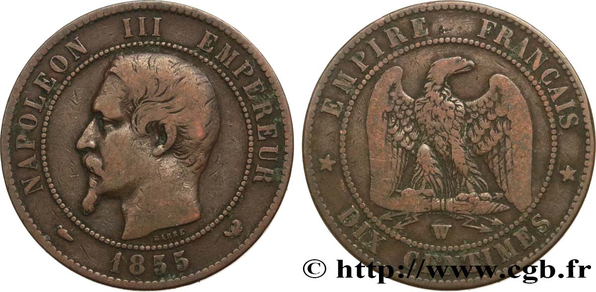 Dix centimes Napoléon III, tête nue 1855 Lille F.133/32 S20 