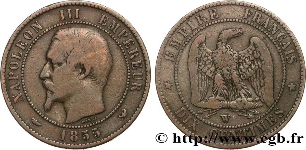 Dix centimes Napoléon III, tête nue 1855 Lille F.133/32 MB20 
