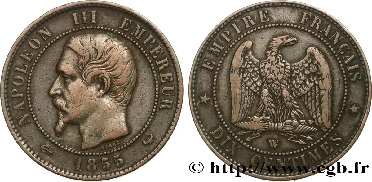 Dix centimes Napoléon III, tête nue 1855 Lille F.133/33 BB40 